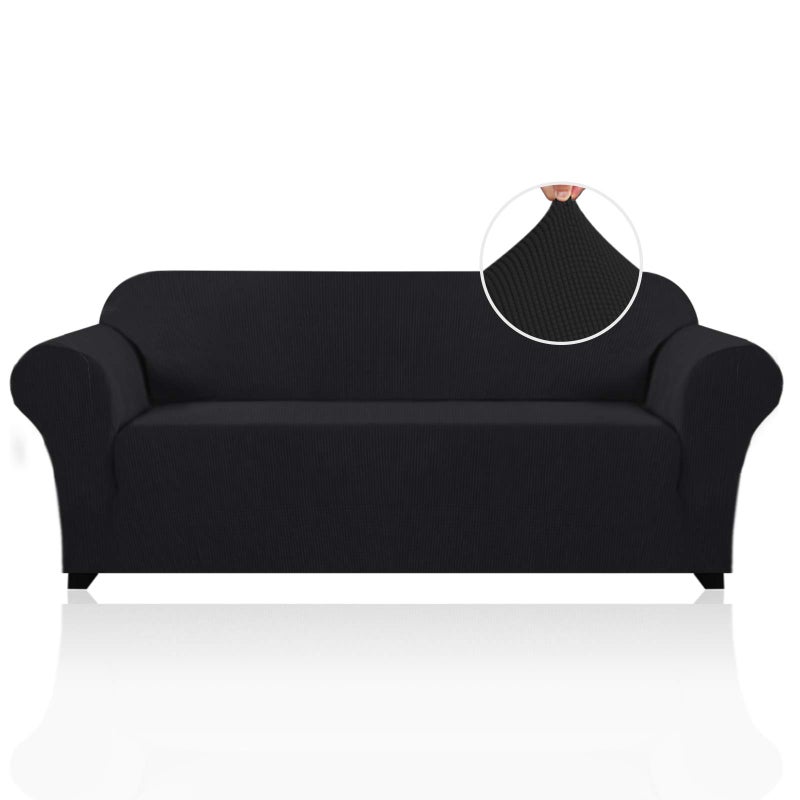 PrinceDeco Stretch Sofa Cover Slipcover Couch Covers for 3 Cushion Couch Furniture Protector Sofa Covers with Non Slip Elastic Bottom Dogs Pet Friendly Fitted (Sofa, Black) - Image 1